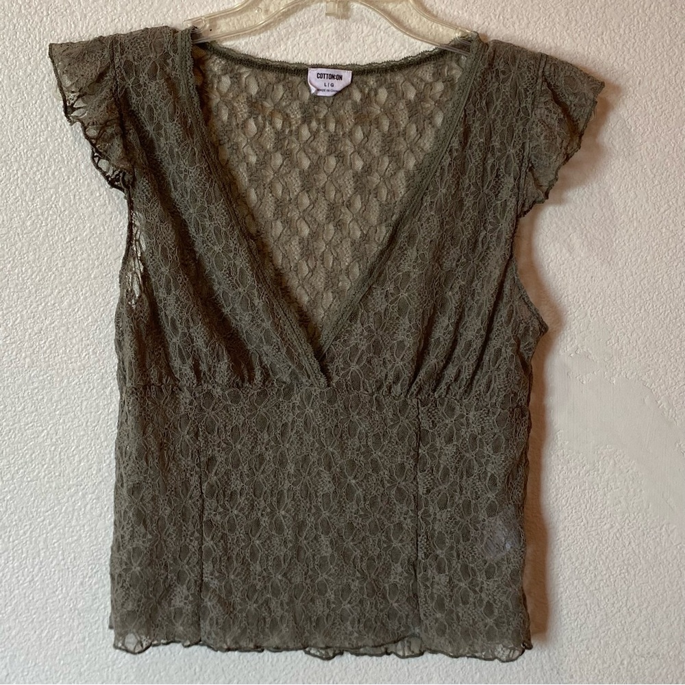 Cotton On Olive Sheer Lace V-Neck Top Fairycore